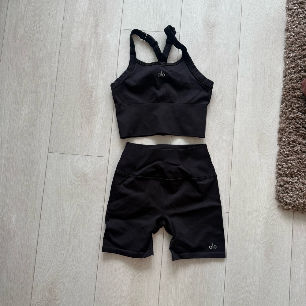 ALO Yoga Black Sports Bra and Shorts Set